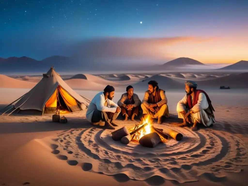 Fotografía de paisajes tribus nómadas reunidas alrededor de la fogata en una noche estrellada en el desierto