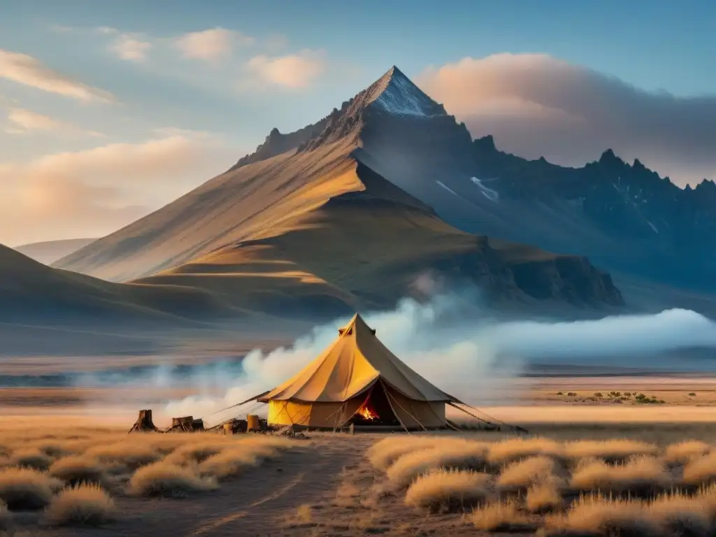 Pan nómada en llanuras doradas bajo cielo azul, tienda de tribu y montañas al atardecer