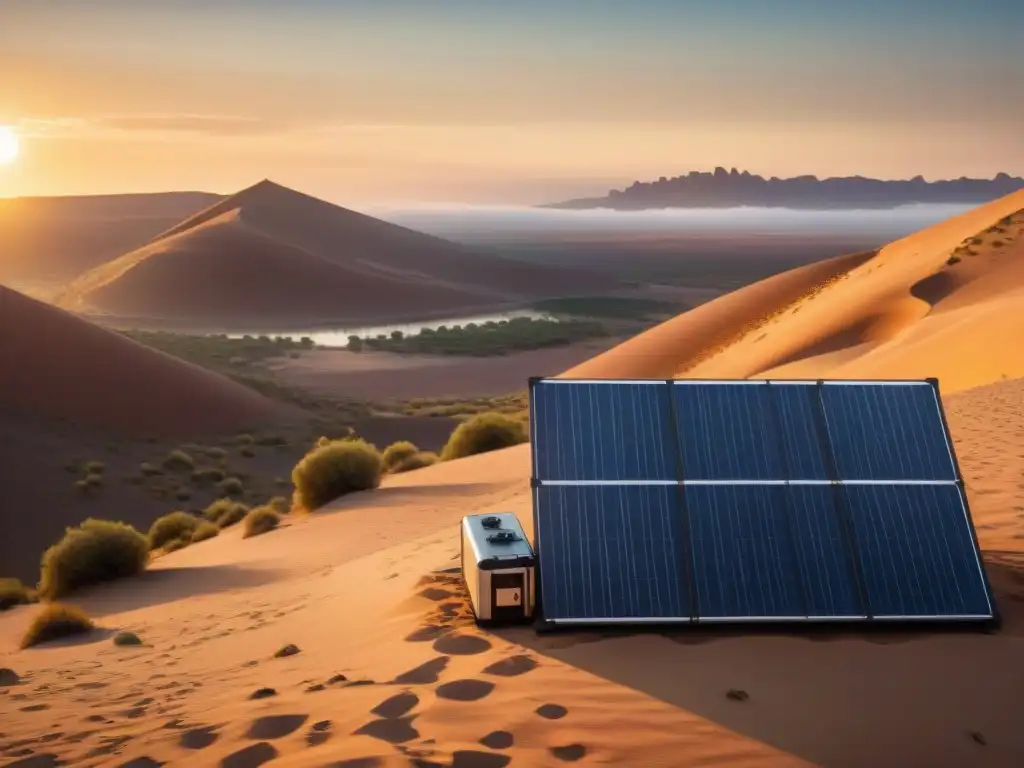 Un panel solar vintage en el desierto al atardecer con la palabra clave 'Energía sostenible para nómadas'