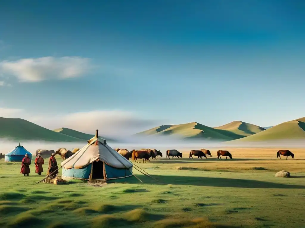 Panorama detallado de la vida nómada en Mongolia con tribus yurtas y paisaje