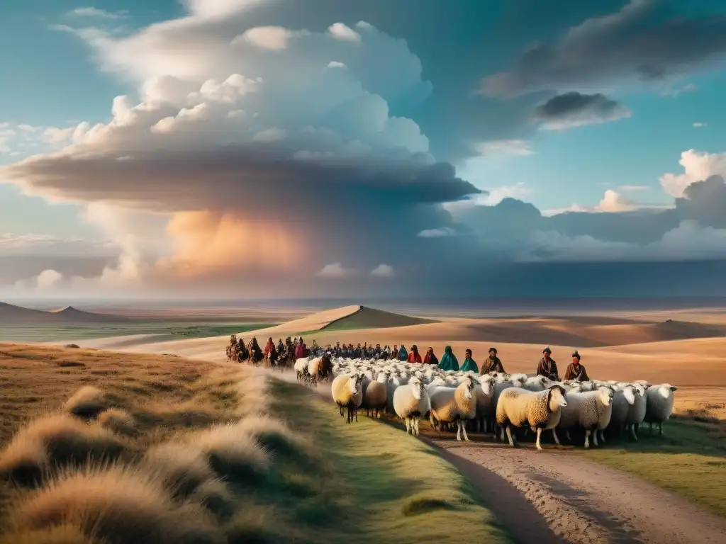 Estepa ancestral: tribus nómadas en la Ruta de la Seda Panorama épico de tribus nómadas en la Ruta de la Seda, con ruinas antiguas y cielo dramático