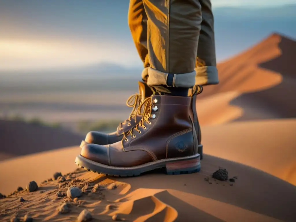 Un par de botas de cuero gastadas en un paisaje desértico al atardecer