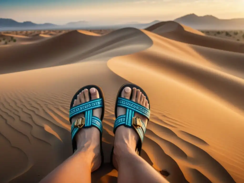 Un par de sandalias de cuero desgastadas con patrones tribales, en un sendero desértico