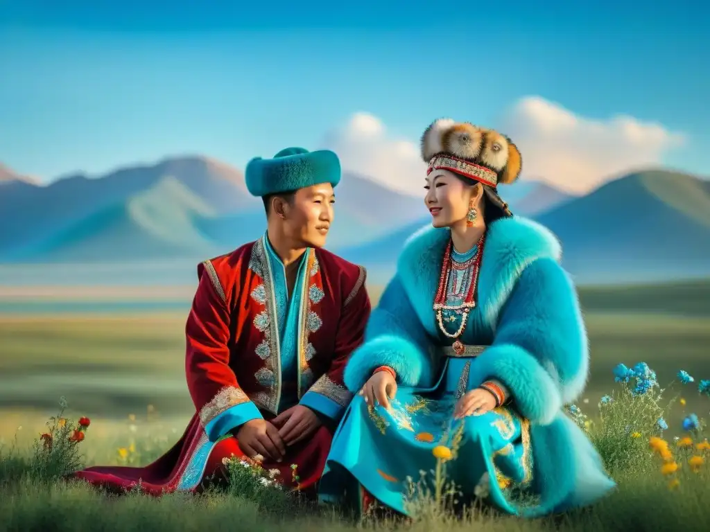 Bodas nómadas en la estepa: Votos tradicionales kazajos Una pareja nómada kazaja intercambia votos matrimoniales en la estepa bajo un cielo azul