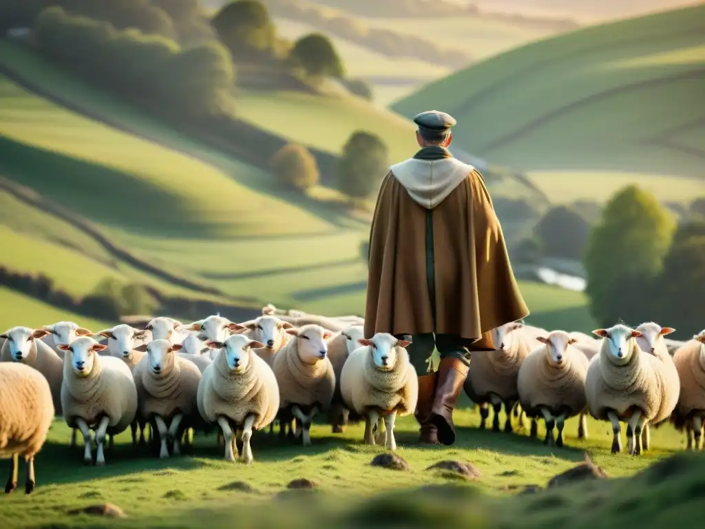 Un pastor con métodos tradicionales guía su rebaño al atardecer en un paisaje sereno y verde