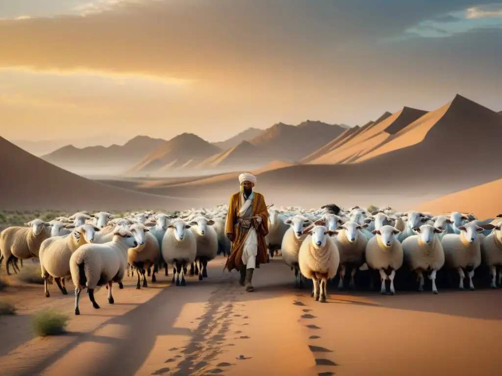 Pastoralismo nómada en el desierto al atardecer dorado Un pastor nómada con su rebaño en un desierto dorado al atardecer