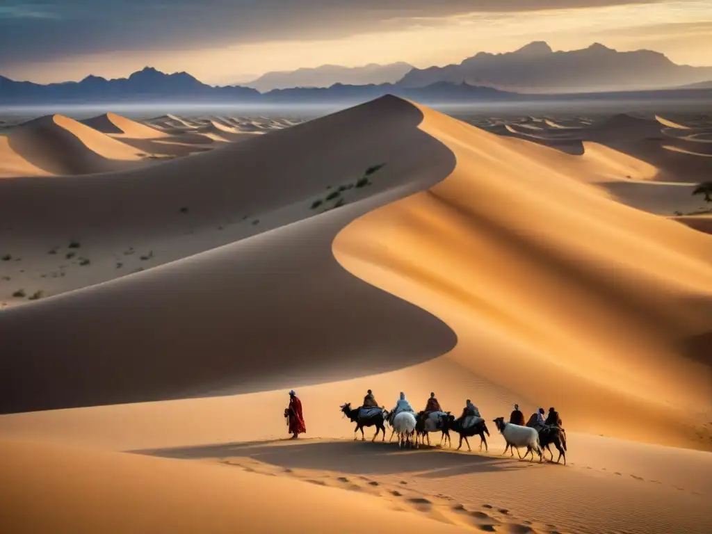 Eterna belleza: Pastor nómada en desierto dorado Un pastor nómada con su rebaño en un paisaje desértico y dramático