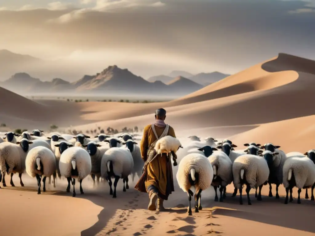 Pastor nómada guiando ovejas en desierto árido Un pastor nómada guía su rebaño por un desierto árido al atardecer, mostrando el impacto de la desertificación