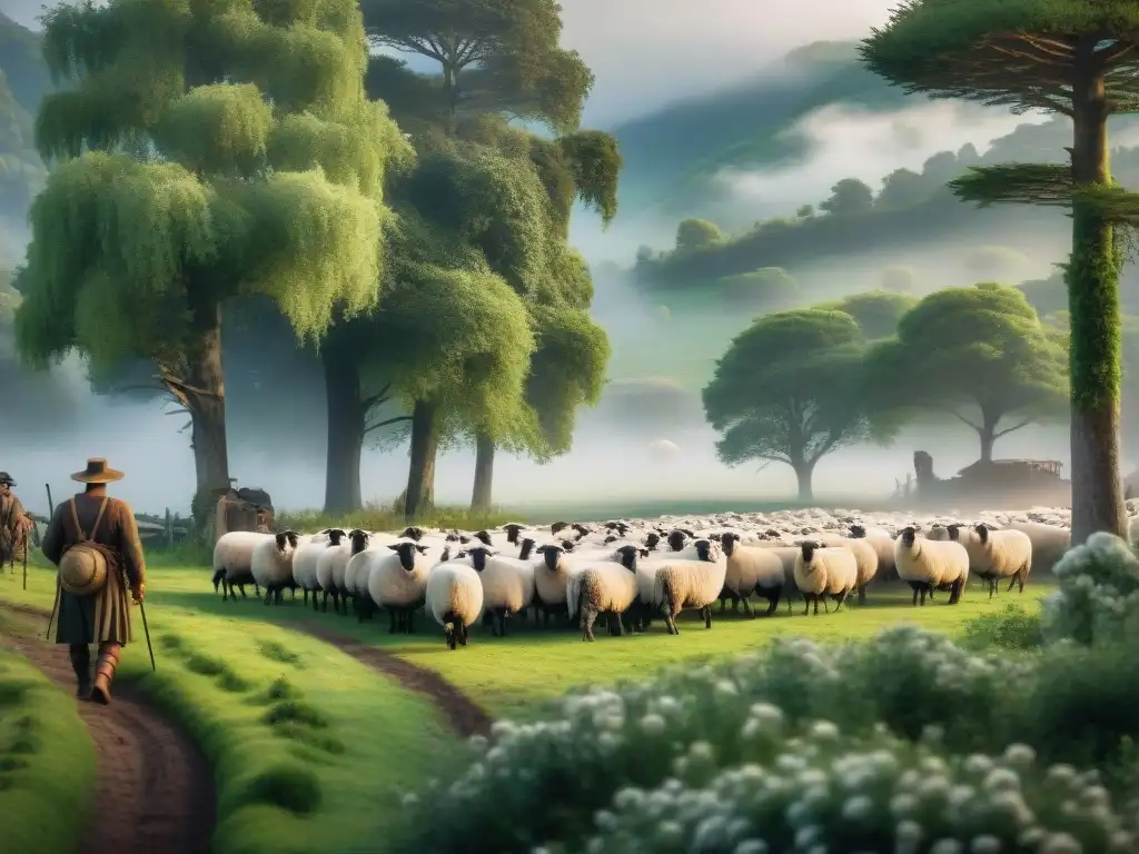 Un pastor tradicional con su rebaño de ovejas en un prado exuberante rodeado de árboles majestuosos