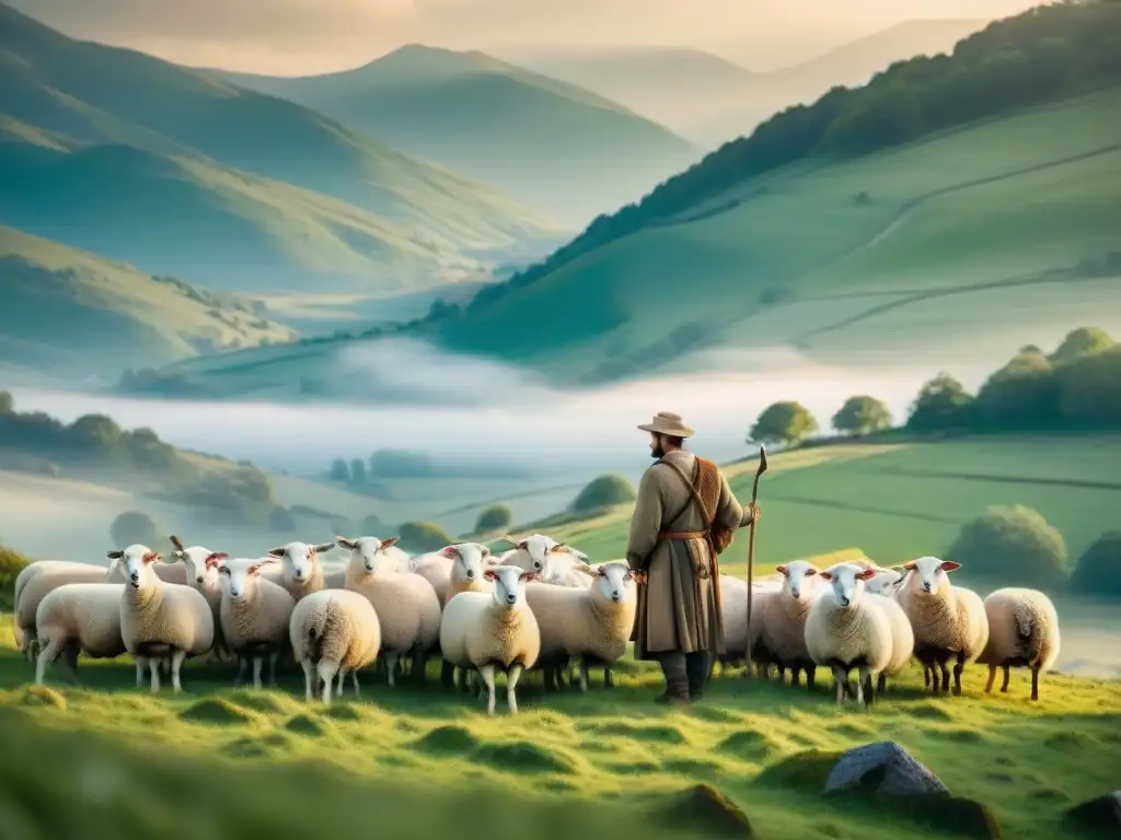 Un pastor con vestimenta tradicional cuidando su rebaño en un prado sereno, reflejando armonía con la naturaleza