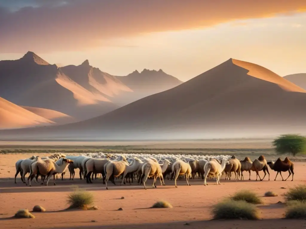 Pastoreo nómada en armonía con ecosistemas saludables al atardecer en el desierto