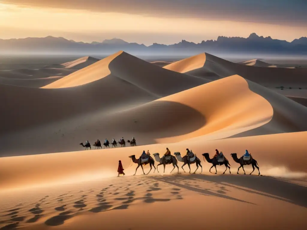 Atardecer dorado: pastores nómadas guiando camellos en desierto Pastoreo nómada en el desierto al atardecer, reflejando impacto y resistencia en un entorno árido