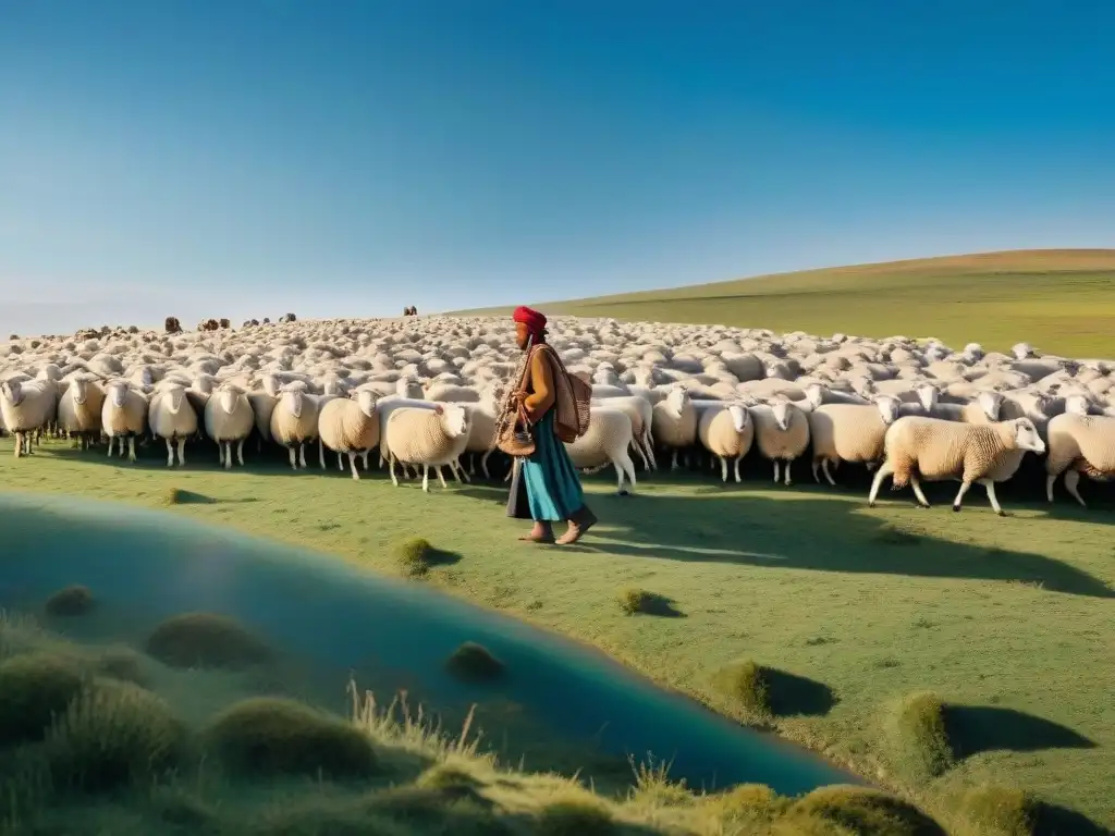 Pastoreo nómada en armonía con la naturaleza: herders guían un rebaño de ovejas en extensas praderas bajo cielo azul