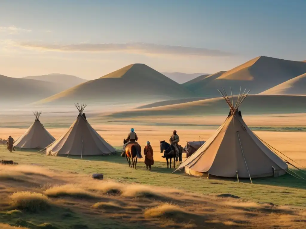 Patrones de asentamiento tribus nómadas construyendo su campamento en la estepa al atardecer