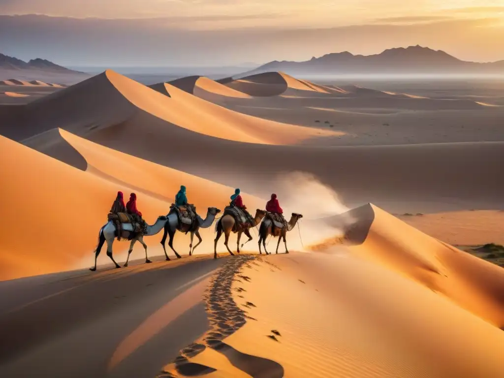 Patrones de migración de tribus nómadas recorriendo el desierto con camellos y atuendos tradicionales, bajo un cielo de atardecer vibrante