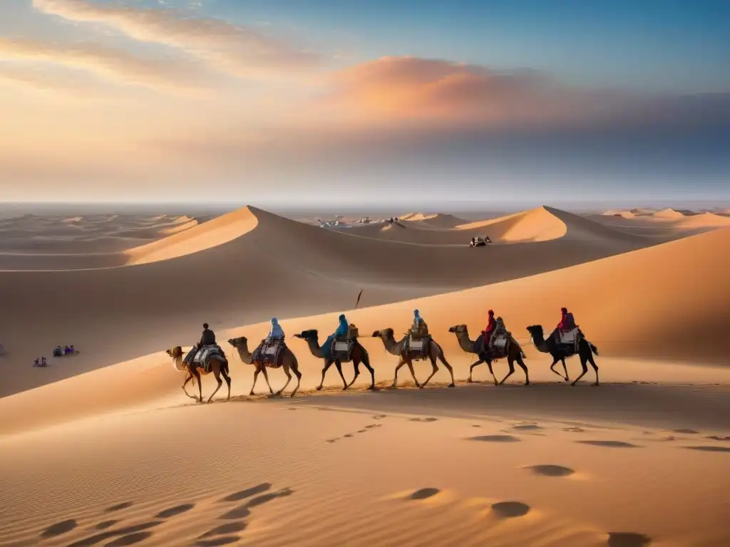 Patrones migración tribus nómadas: caravana de nómadas en camellos cruzando un desierto al atardecer, con tiendas y campamento humeante