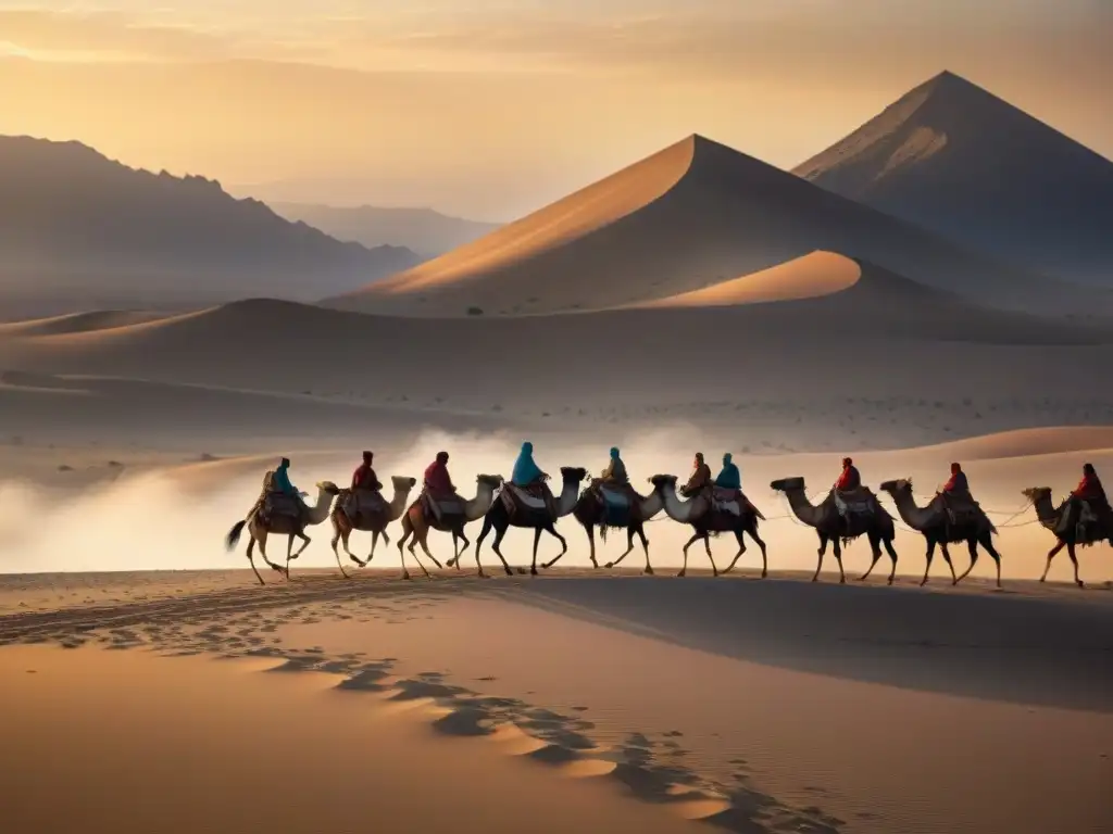 Patrones migratorios tribus nómadas en un desierto al atardecer, con siluetas de una tribu y camellos bajo el cielo dorado