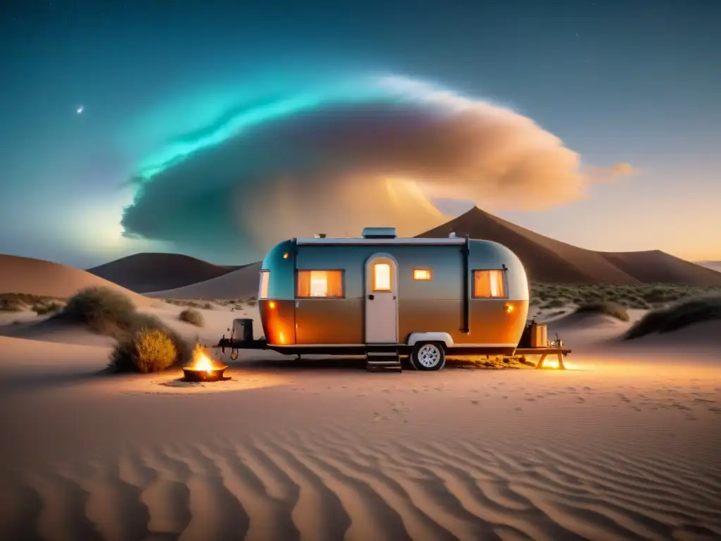 Un rincón de paz y conexión: caravana moderna entre dunas, bajo un cielo estrellado