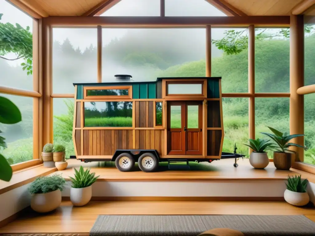 Pequeña casa rodante inspirada en lo vintage rodeada de naturaleza, reflejando la arquitectura nómada y la huella ecológica