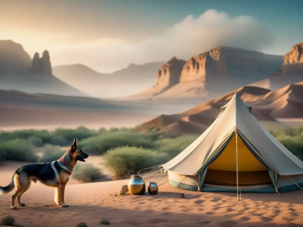 Un perro leal protege una tienda de una tribu nómada en el desierto, destacando la importancia del perro en tribus nómadas