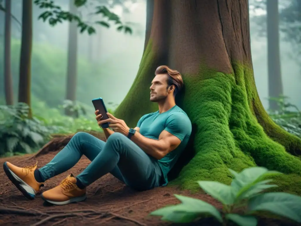 Persona usando un cargador solar bajo un árbol en un bosque verde, conectado a su teléfono