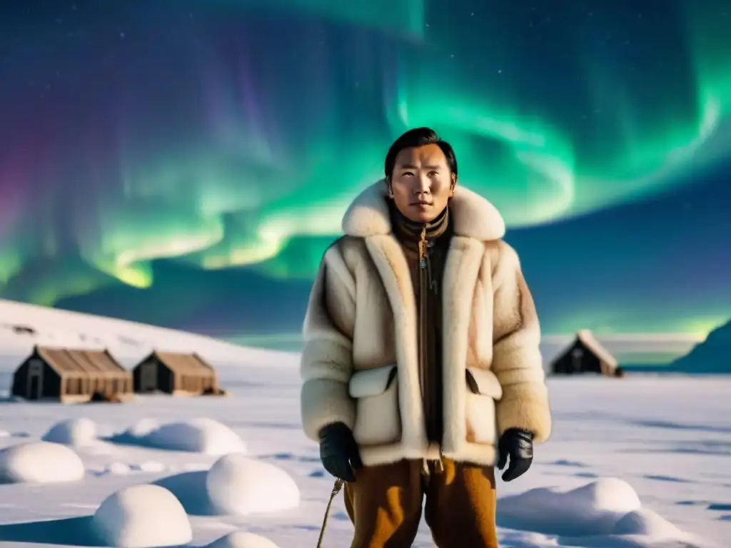 Persona inuit elaborando ropa tradicional en la tundra bajo auroras boreales