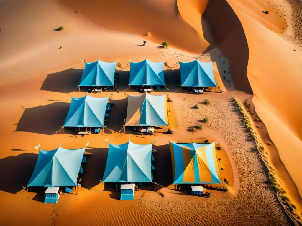 Perspectivas aéreas tribus nómadas: coloridos campamentos en el desierto, camellos pastando, cielo azul