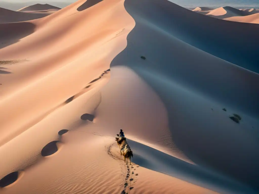 Perspectivas aéreas tribus nómadas en un desierto con tiendas tradicionales y camellos bajo el cálido sol y cielo pastel