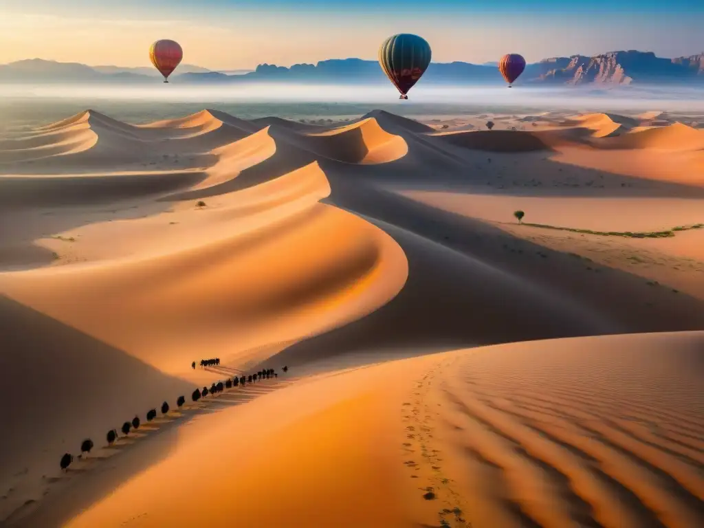 Perspectivas aéreas tribus nómadas: globos de colores flotan sobre el desierto al atardecer, con tiendas y camellos al fondo