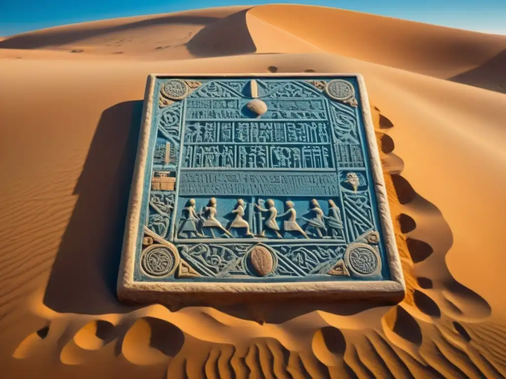 Piedra tallada con símbolos de poesía nómada ancestral en desierto bajo cielo azul
