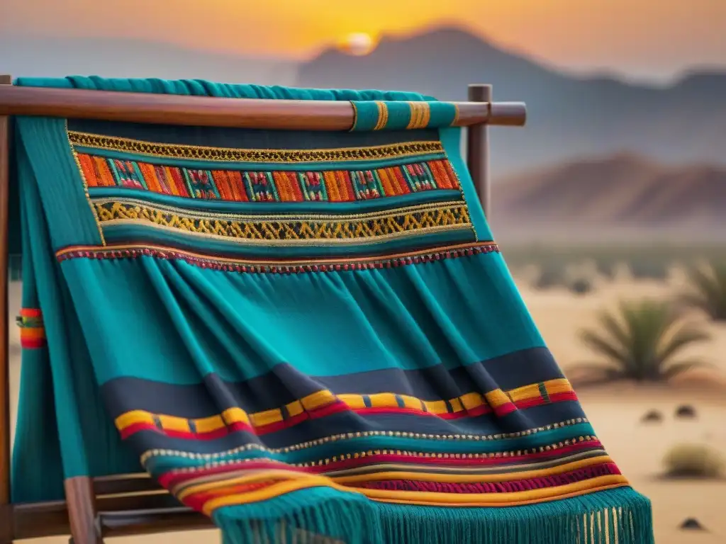 Una pieza textil nómada bordada con historia y tradición en un telar de madera antiguo, bajo un atardecer dorado en el desierto