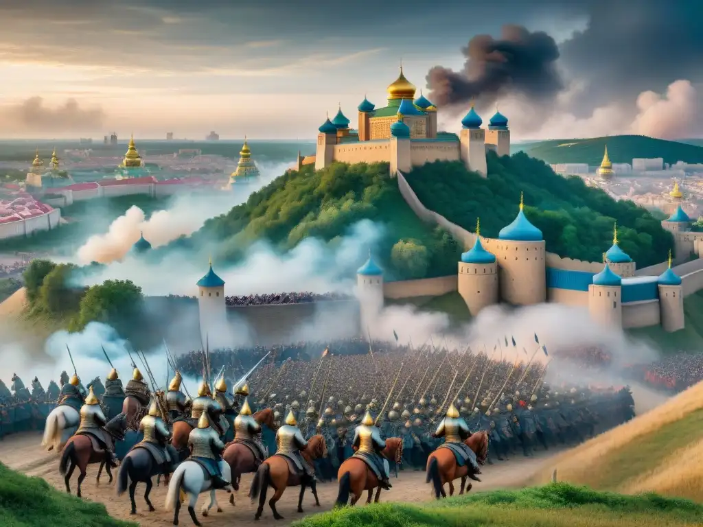 Pintura detallada de la Batalla entre nómadas y europeos en el Asedio de Kiev por el Imperio Mongol