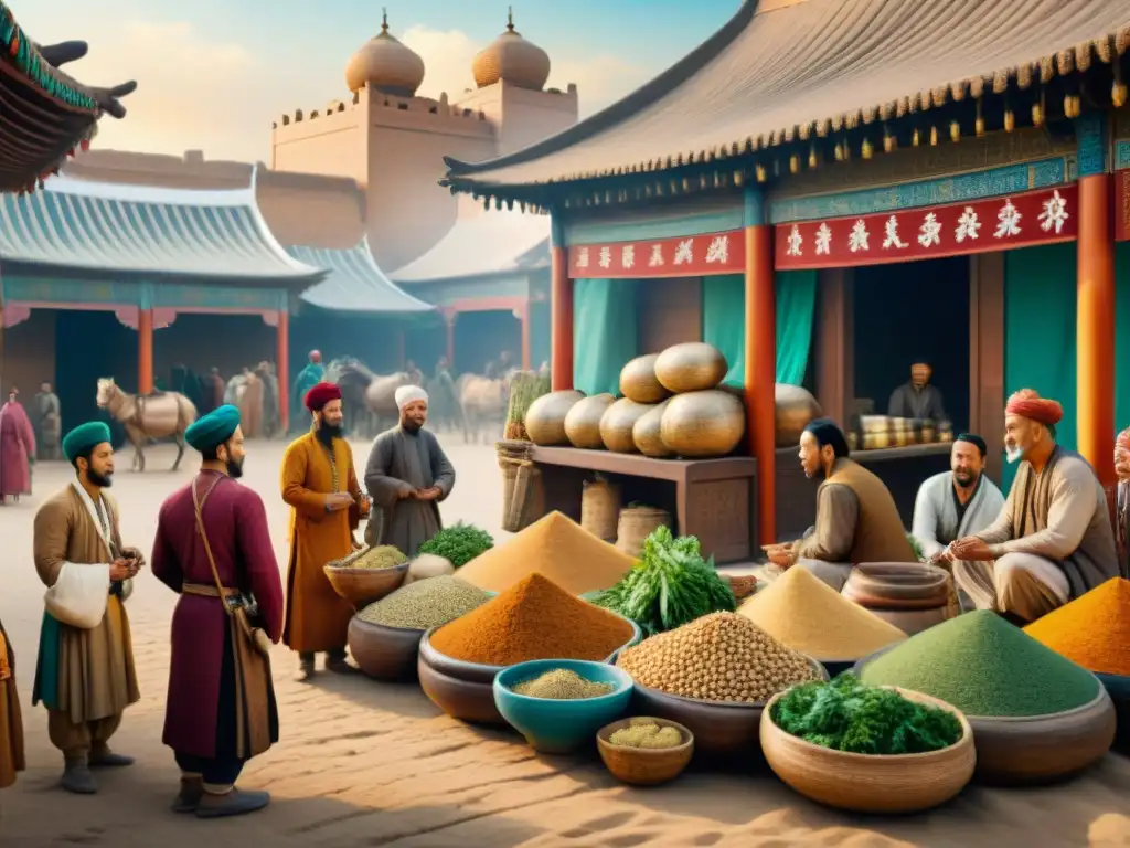 Pintura detallada de un bullicioso mercado en la Ruta de la Seda, con intercambio cultural y medicina nómada en la escena