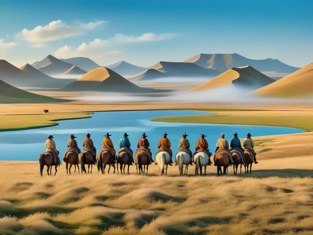 Pintura detallada de tribu nómada en las estepas Una pintura detallada y envolvente de una tribu nómada en las extensas estepas