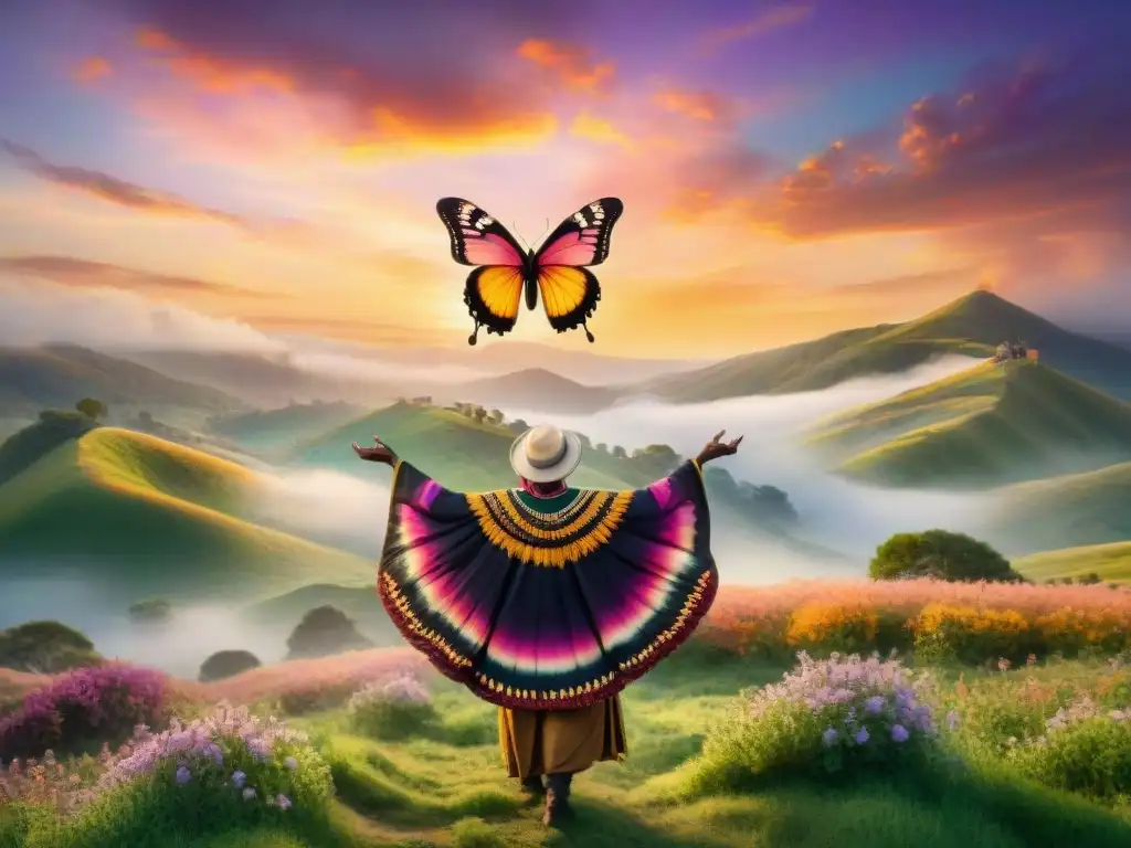 Pintura detallada estilo vintage de paisaje sereno con anciano tribal liberando mariposa, representando vida después muerte tribus