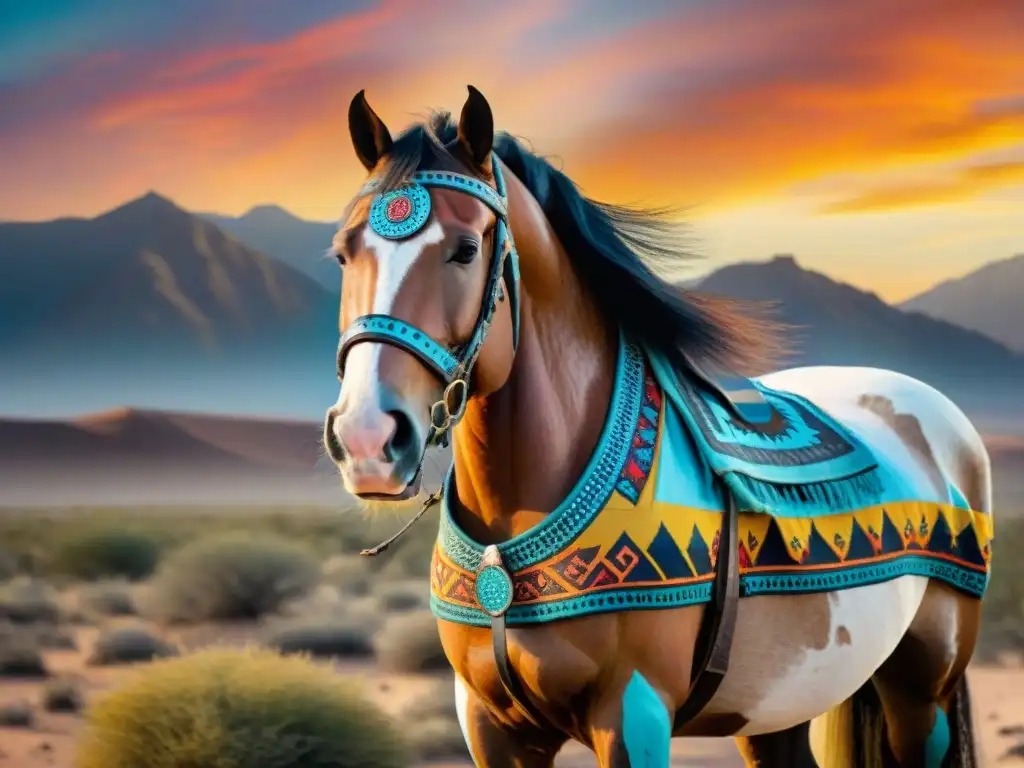 Pintura detallada de un majestuoso caballo con símbolos tribales en un paisaje desértico, bajo un cielo colorido