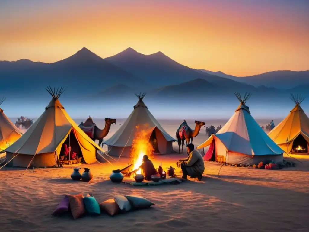 Pintura al óleo detallada de tribu nómada al atardecer Pintura detallada de tribu nómada montando campamento al atardecer, con siluetas de camellos y personas