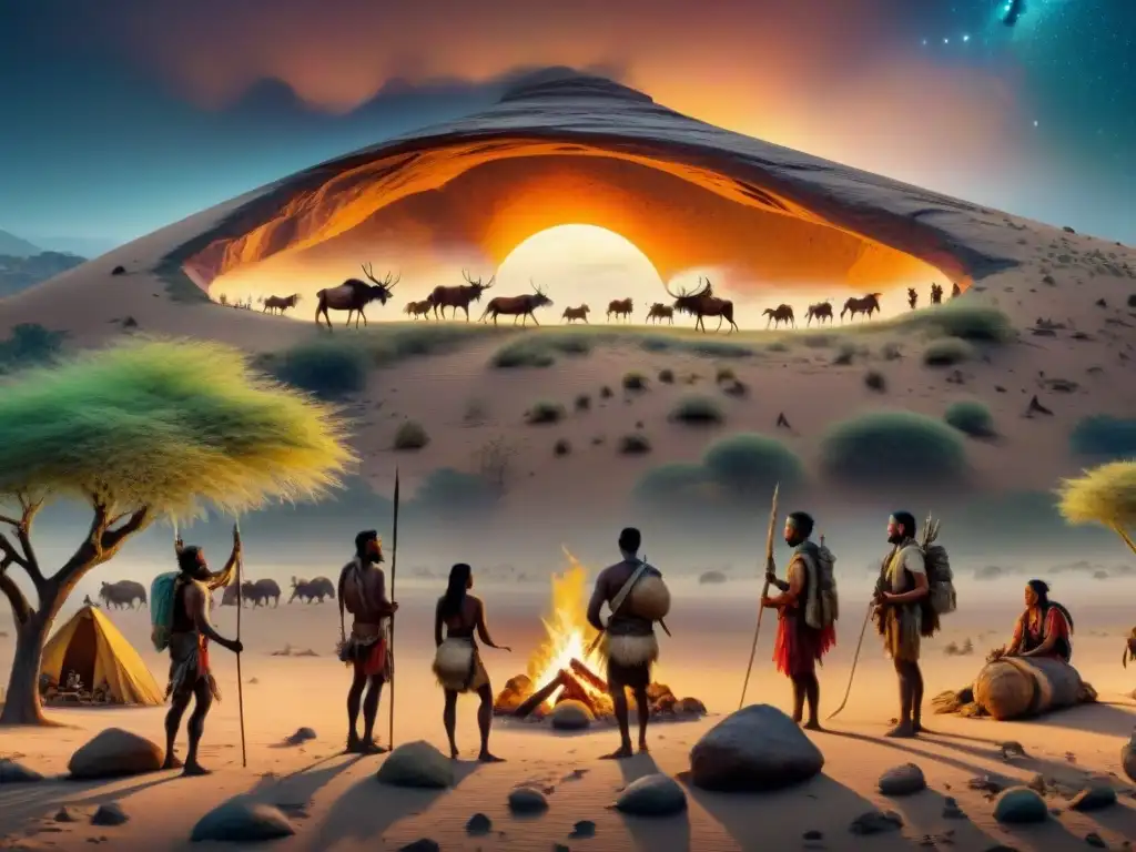 Pintura rupestre: Tribu nómada en desierto Una pintura rupestre detallada de una tribu nómada en el desierto