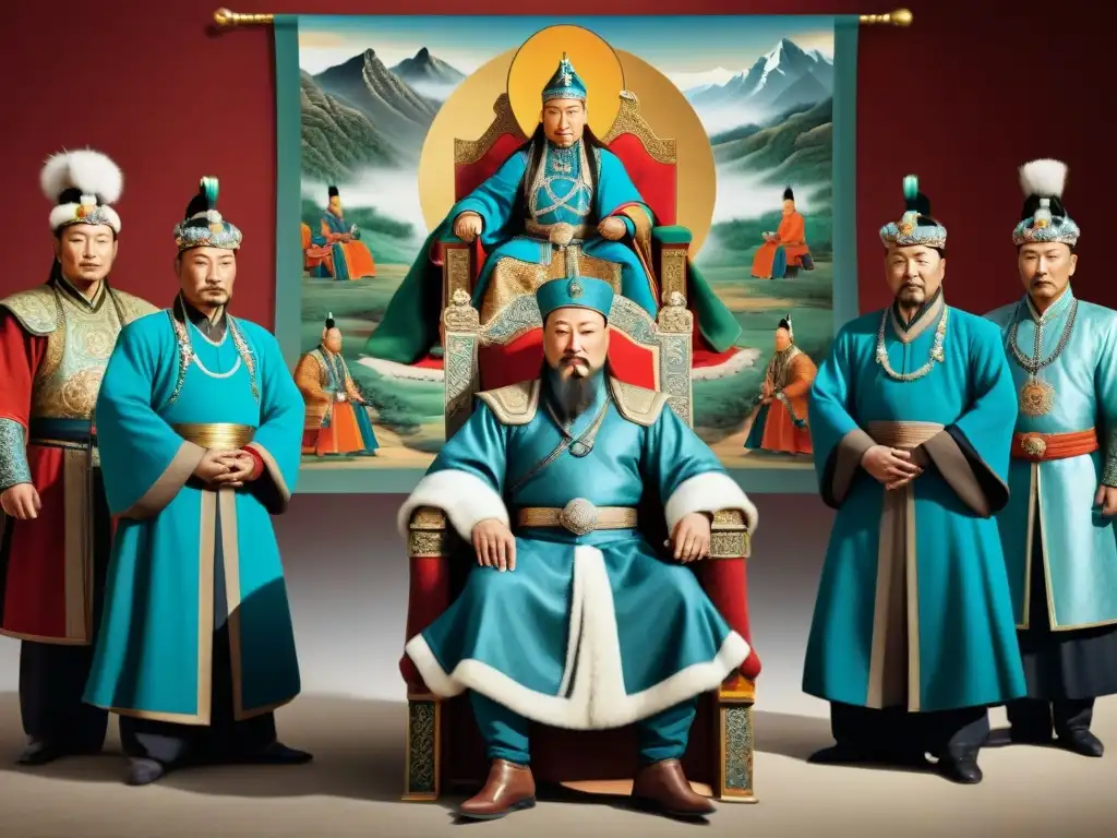 Pintura vintage detallada en 8k del Emperador Genghis Khan y su consejo en el palacio mongol, discutiendo Estrategias de gobernanza Imperio Mongol