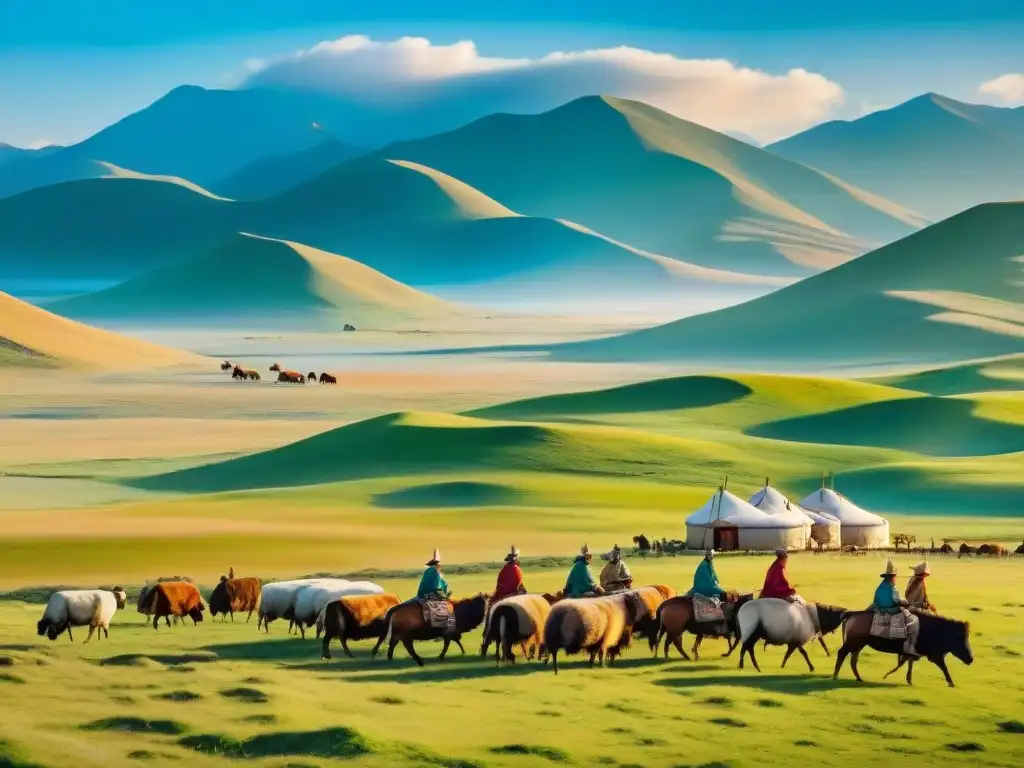 Pintura vintage de paisaje mongol con pastores nómadas y yurtas