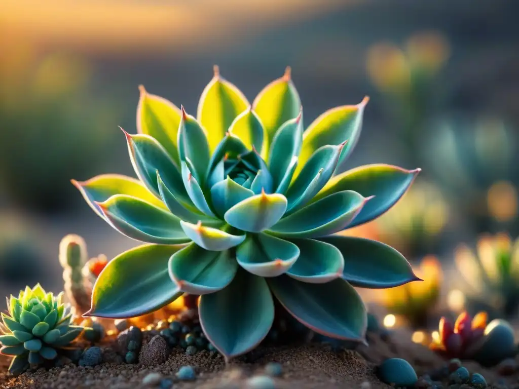 Planta resistente en la estepa, detallando hojas texturizadas y gotas de agua bajo el sol