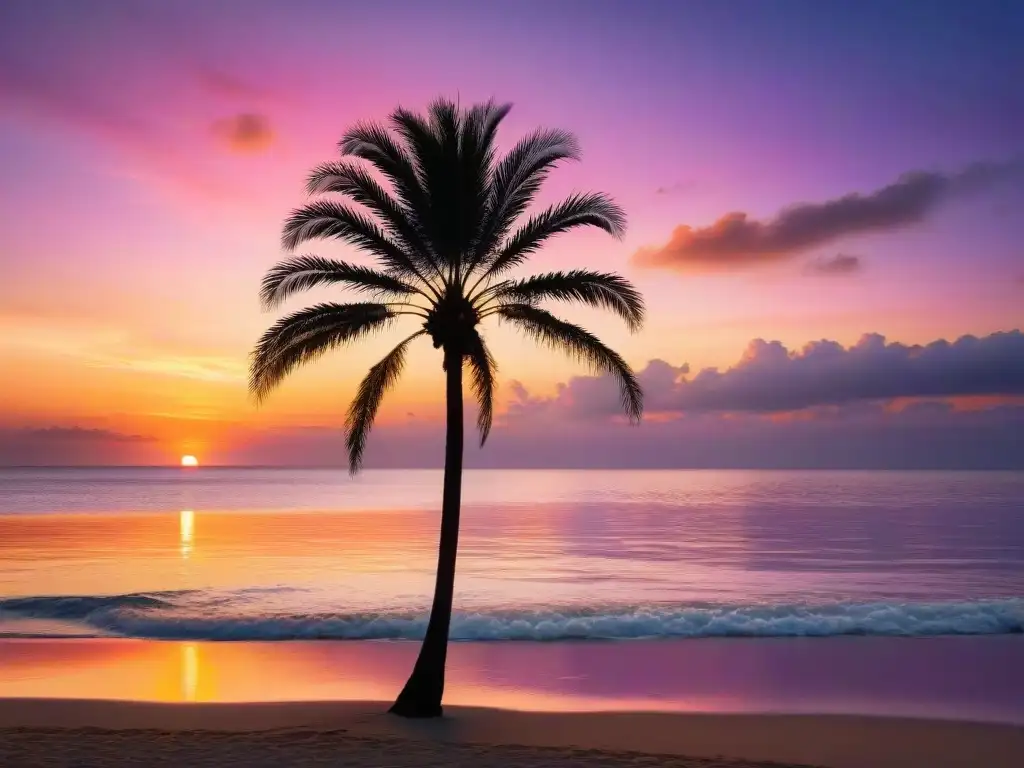 Fotografía vintage de una playa serena al atardecer con colores cálidos y una palmera solitaria