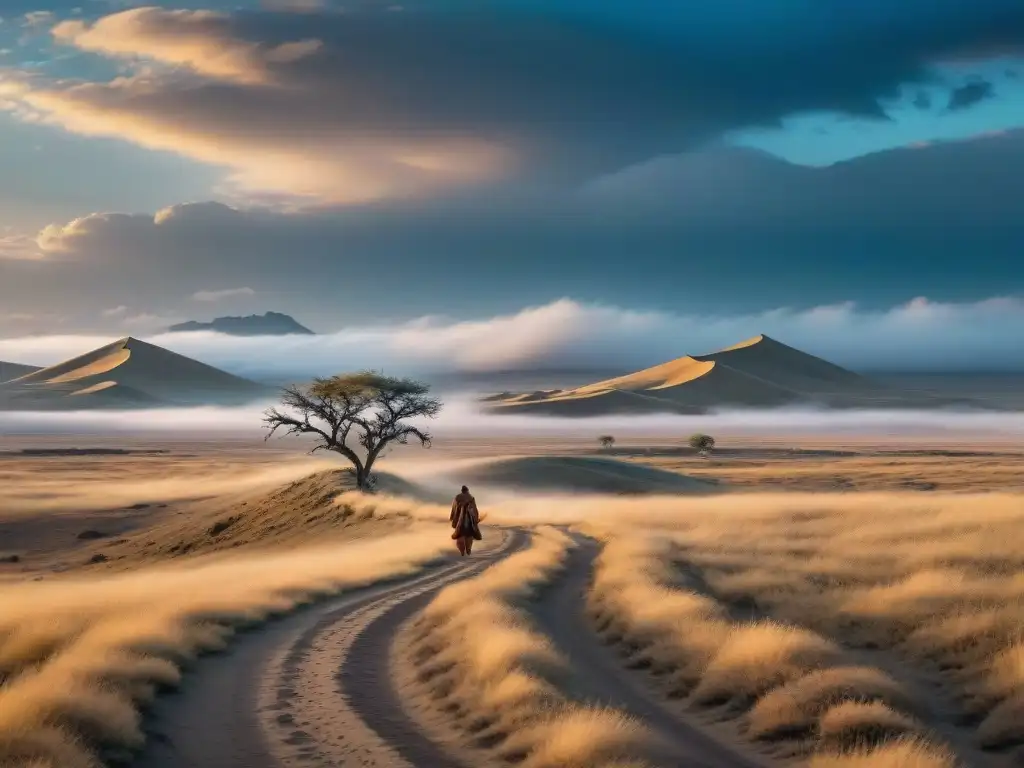 Un poema visual de la soledad y la belleza etérea de las estepas, con un figura nómada en la distancia