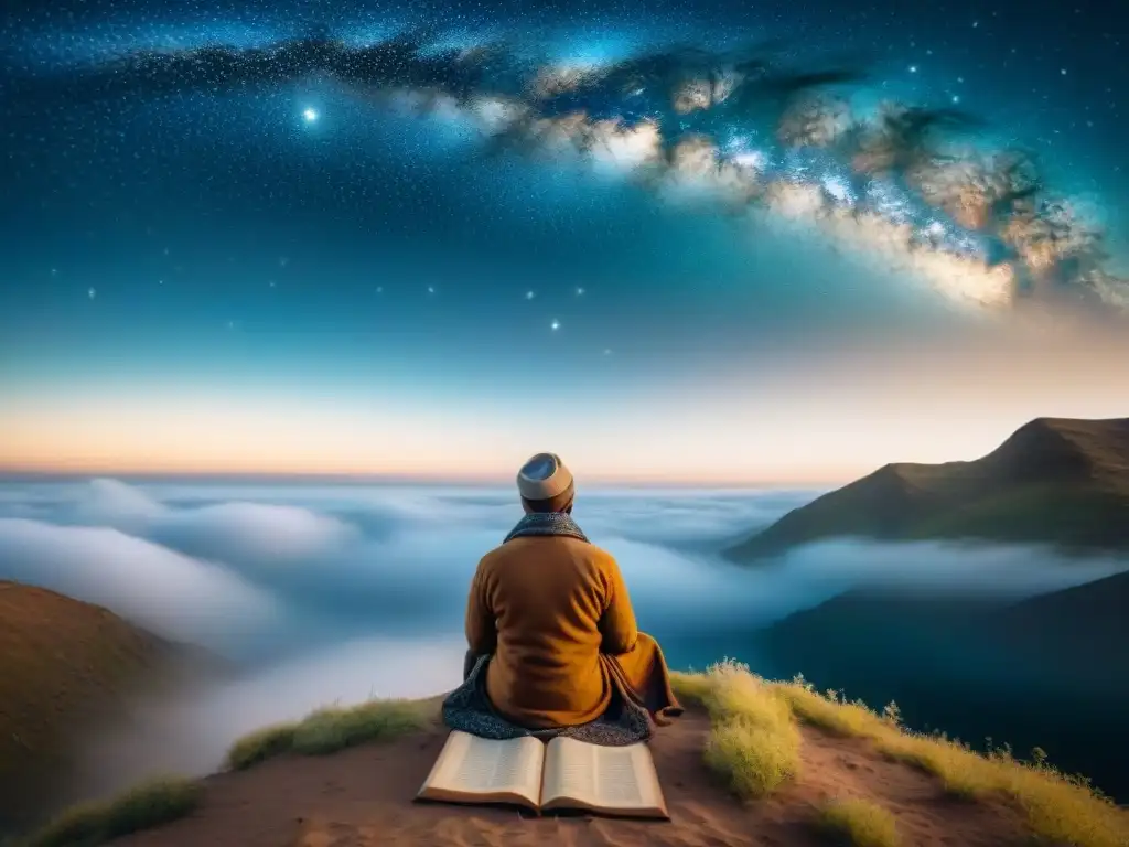 Un poeta nómada ancestral inspirado por la vasta noche estrellada, escribiendo poesía rodeado de símbolos y cultura