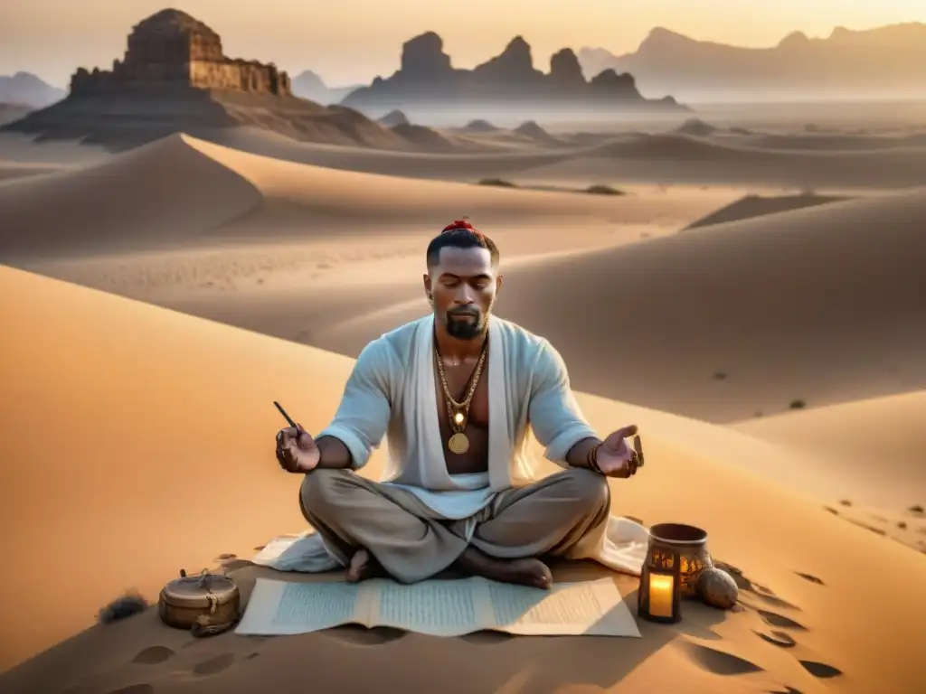 Un poeta nómada ancestral escribiendo poesía rodeado de símbolos en el desierto