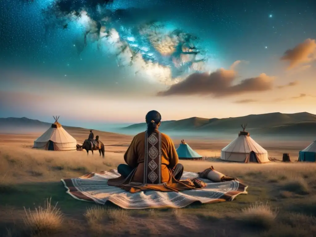 Un poeta nómada ancestral rodeado de símbolos culturales en la estepa bajo un cielo estrellado