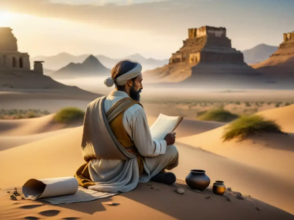 Un poeta nómada, escribiendo en un desierto atemporal al atardecer