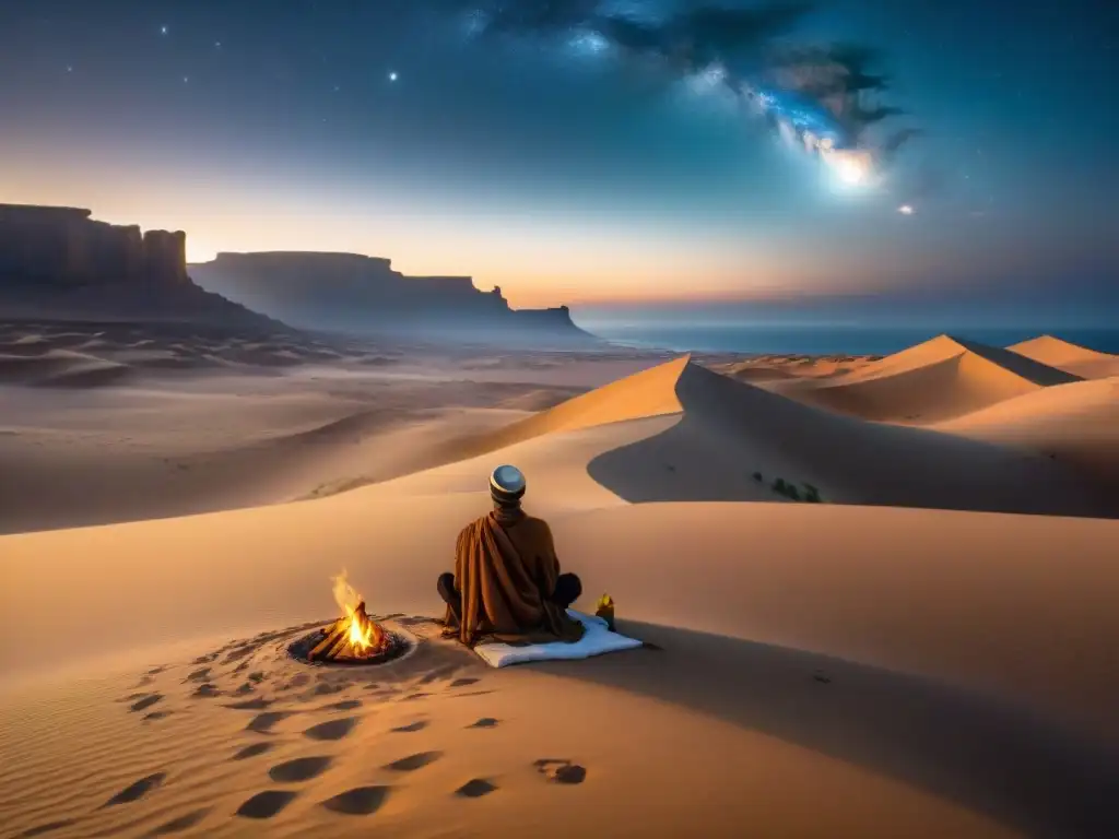 Poeta nómada en el desierto: inspiración bajo las estrellas Un poeta nómada escribe poesía en un desierto estrellado, rodeado de arena dorada y camélidos, en una escena espiritual