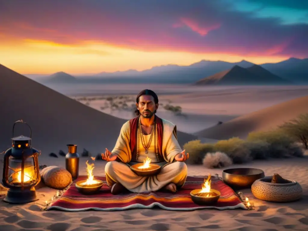 Poeta nómada en el desierto: tradición, espiritualidad y poesía Un poeta nómada recita junto al fuego, iluminando rostros atentos en una escena de poesía en culturas nómadas espiritual