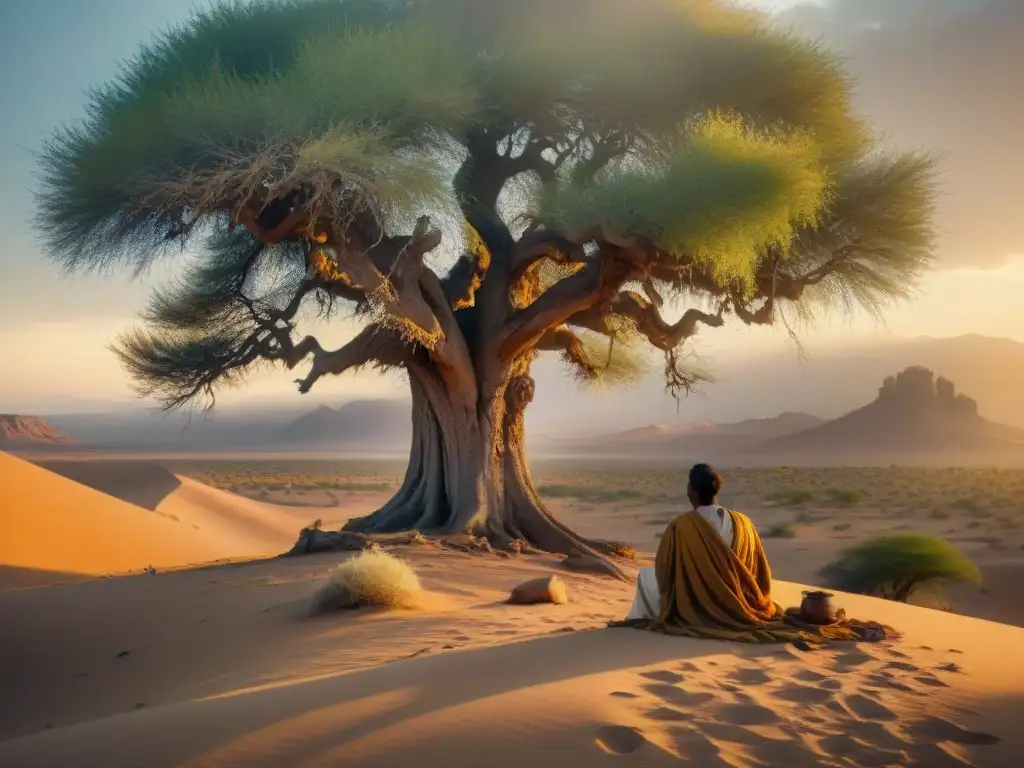 Un poeta nómada perdido en pensamientos bajo un árbol ancestral en el desierto al atardecer, capturando la esencia de la poesía y la cultura nómada